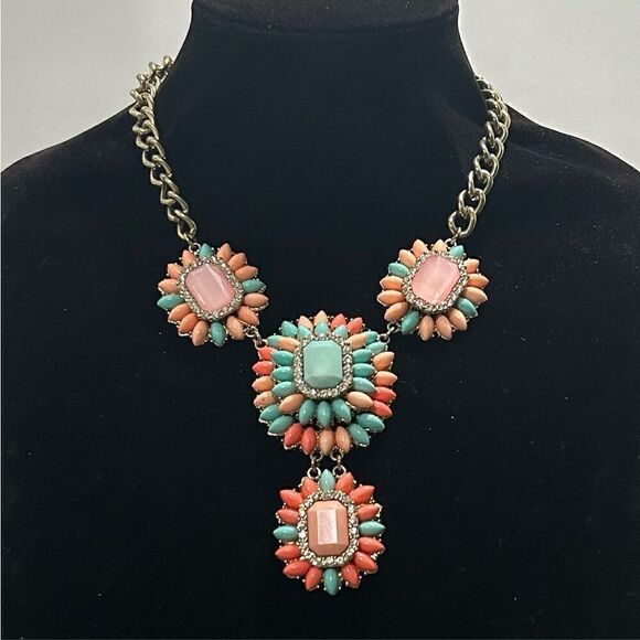 Vtg Statement Necklace Adjustable Multicolor Cluster Stone & Beads Chunky Chain - Picture 1 of 8